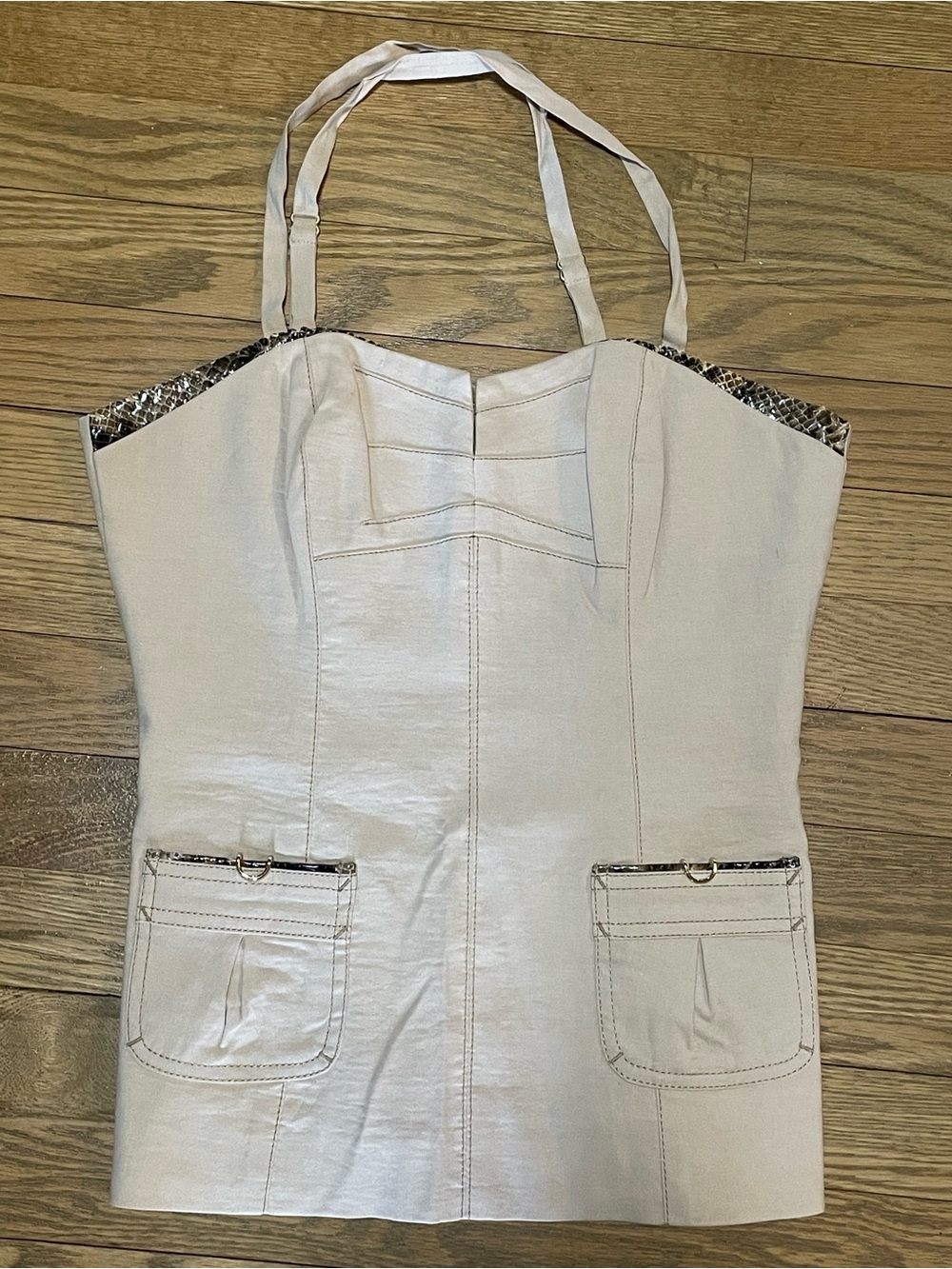 BEBE Y2K Cream Corset Halter Top - Snakeskin Trim Cargo Pockets - Sz 6